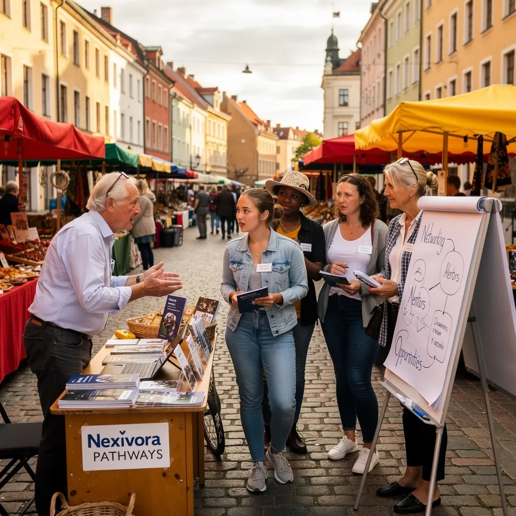 Attēls ar profesionālu treneri, kas vada grupu diskusiju par karjeras maiņu.